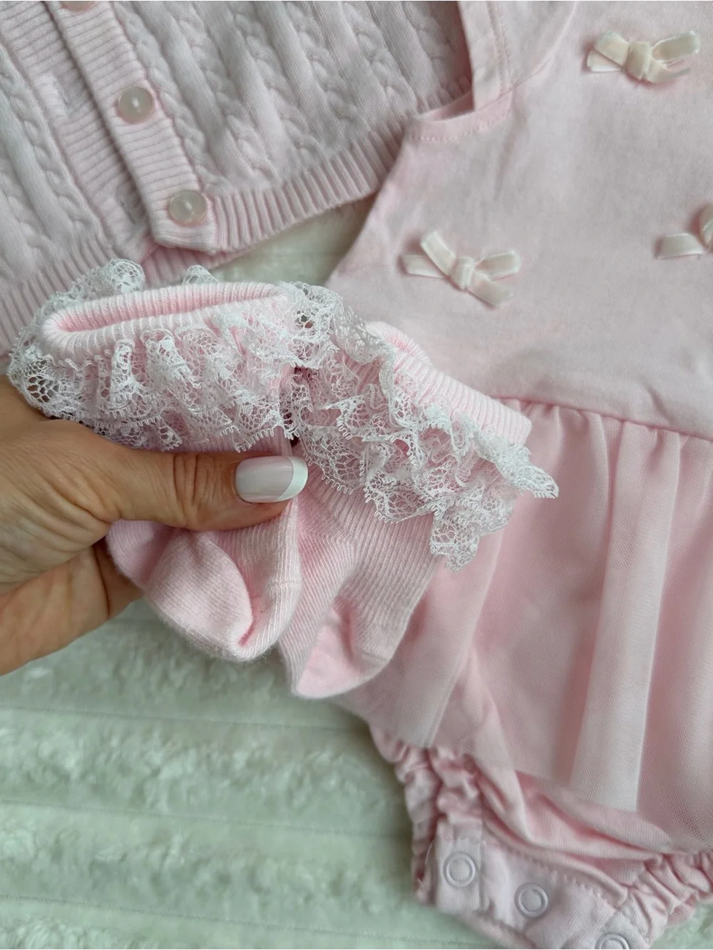 Little Me Pink Knit Cardigan, First Impression Tulle Dress, Hat & Lace Socks Set